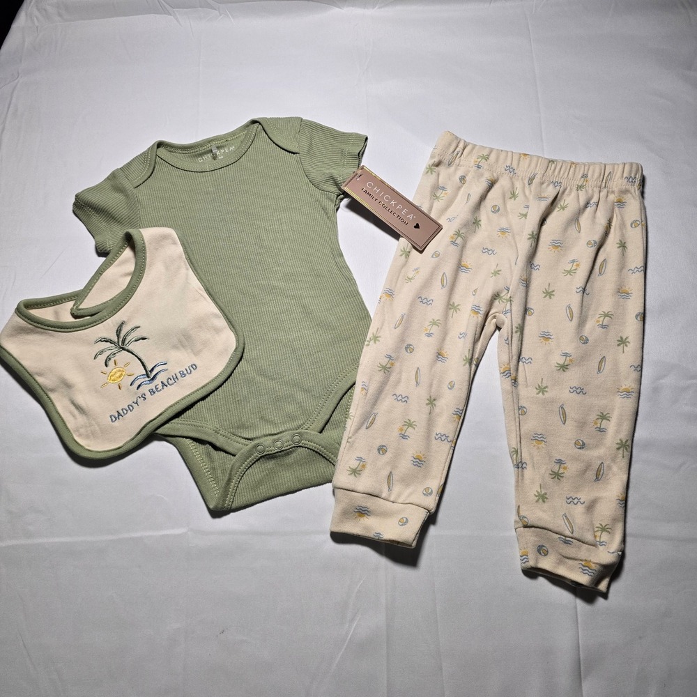 Chickpea Baby Boys 6-9m Set Sage Green  Bodysuit Pants Bib Daddys Beach Bud Nwt